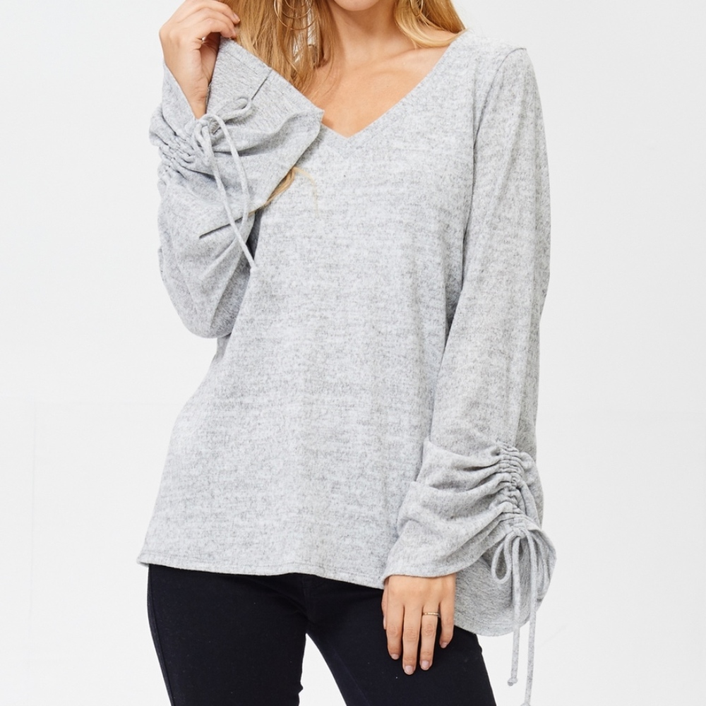 Drawstring Grey V-Neck Loose Sweater Fall